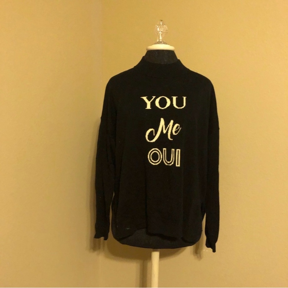 Whistles Black Knit Turtleneck Mock Neck Sweater with Graphic Text You Me Oui ❤️